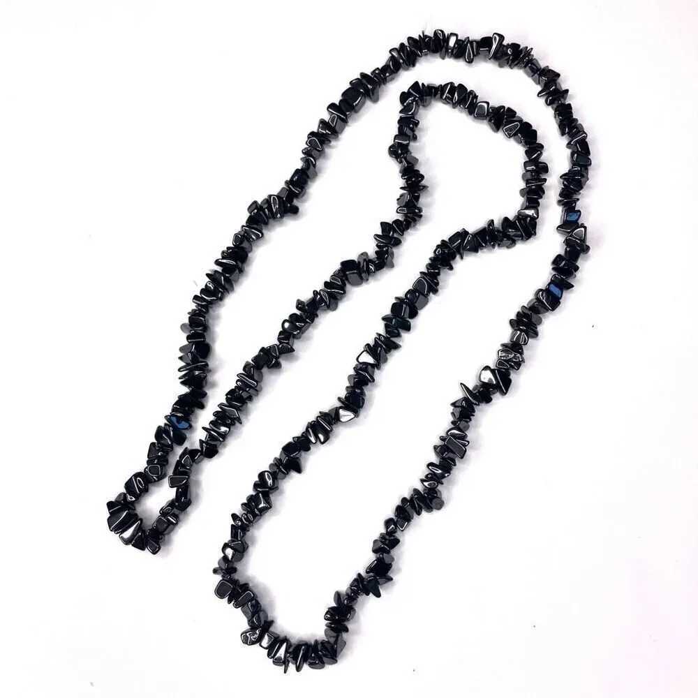 Black Hematite Chip Stone Necklace | 17” Boho Statement Jewelry